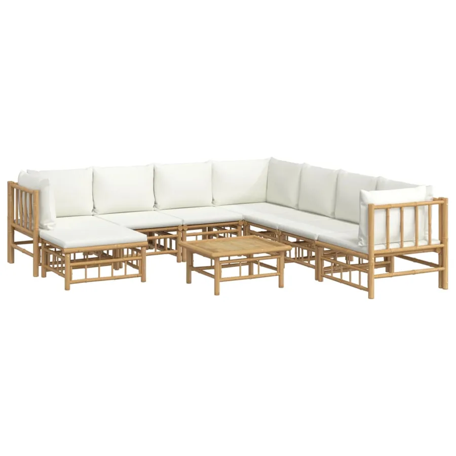 Salon de jardin 9 pcs avec coussins blanc crème bambou - 3