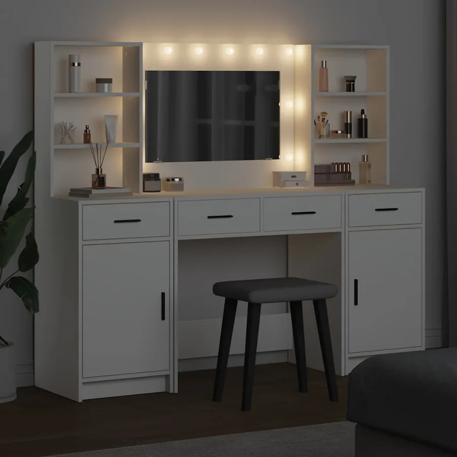 Ensemble de table de maquillage avec LED avec porte 3 pcs Blanc - 4