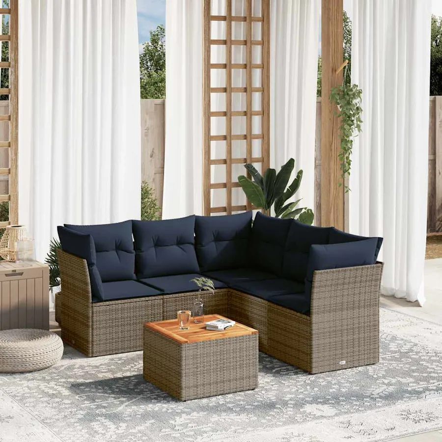 Salon de jardin 6 pcs avec coussins gris résine tressée