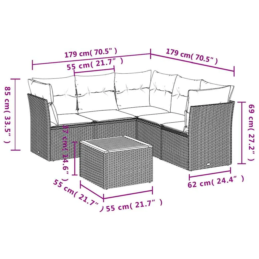 Salon de jardin 6 pcs avec coussins gris résine tressée - 10