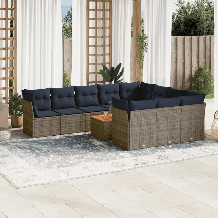 Salon de jardin 11 pcs avec coussins gris résine tressée
