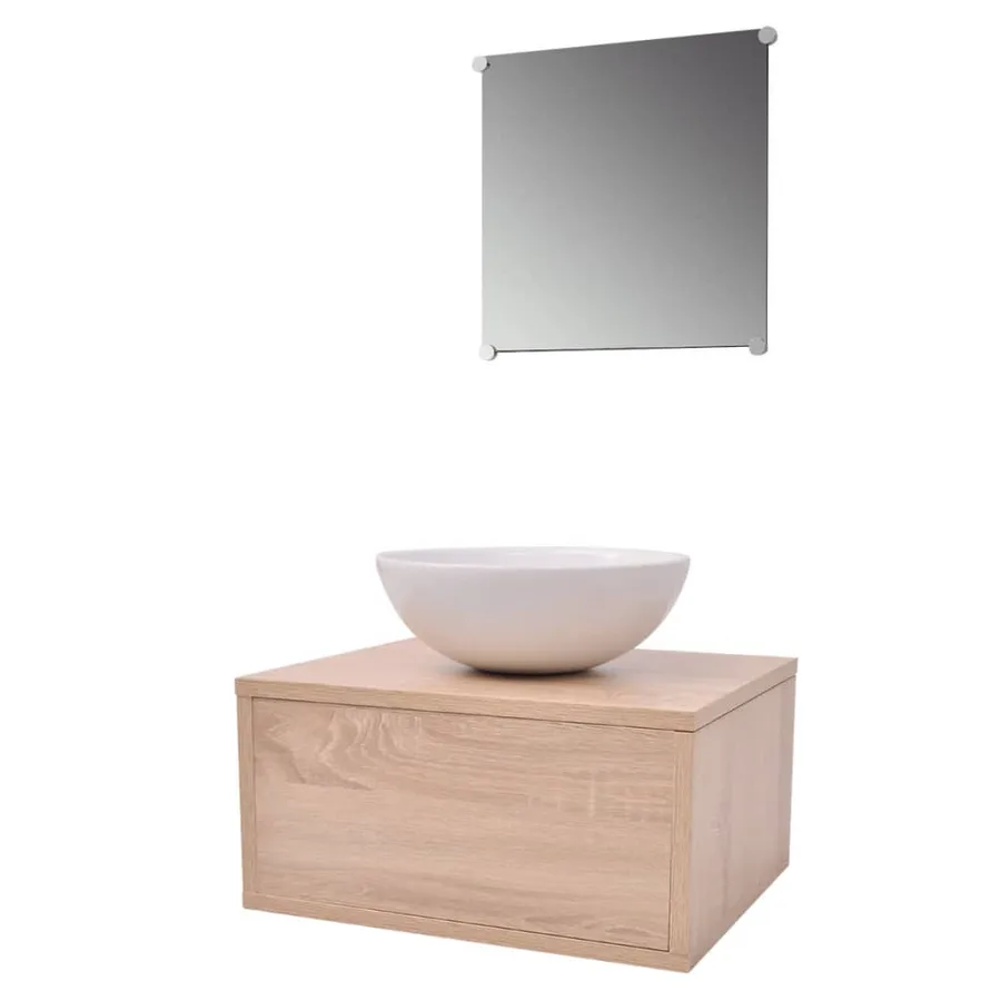 Meuble de salle de bain 4 pcs avec lavabo et robinet Beige - 3