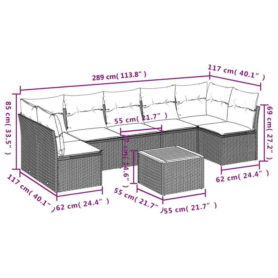 Salon de jardin 8 pcs avec coussins gris résine tressée - 10