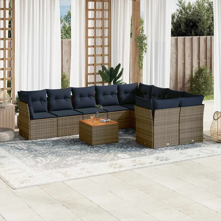 Salon de jardin 10 pcs avec coussins gris résine tressée