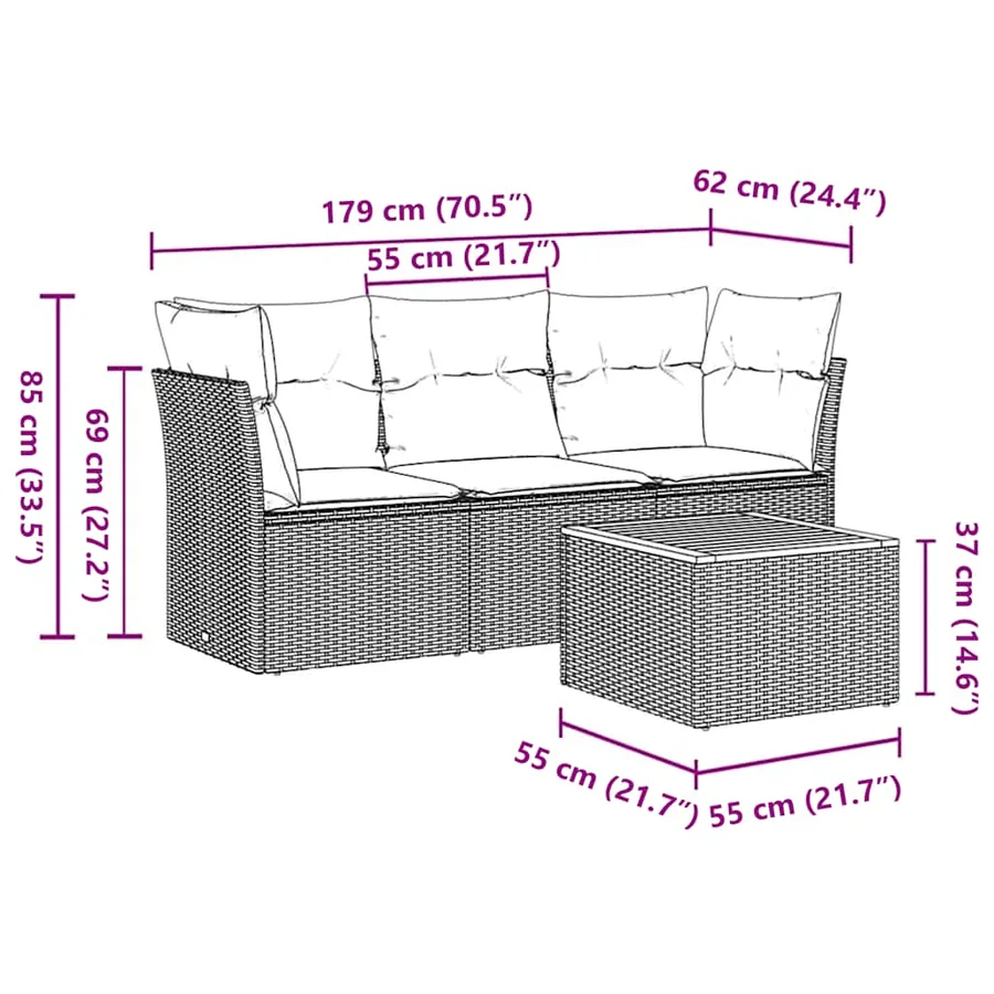 Salon de jardin 4 pcs avec coussins gris résine tressée - 10