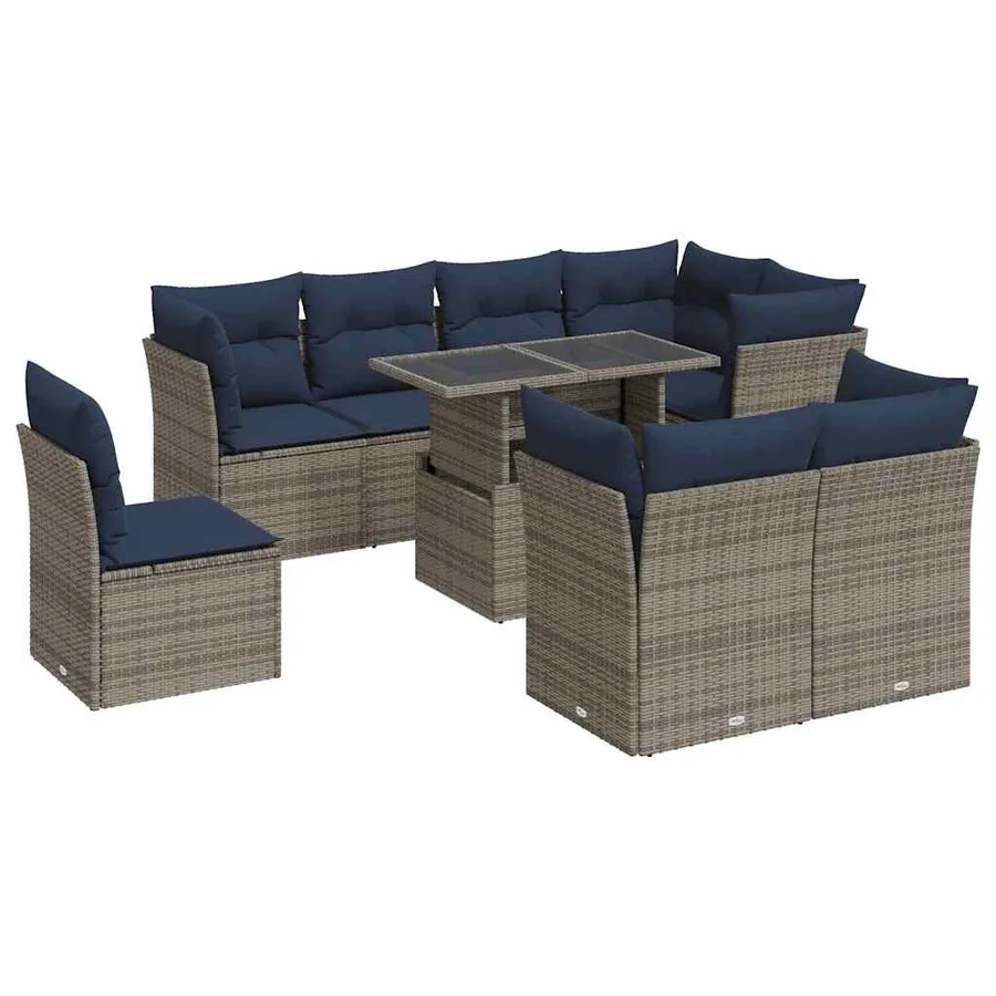 Salon de jardin avec coussins 9 pcs gris résine tressée acacia - 2