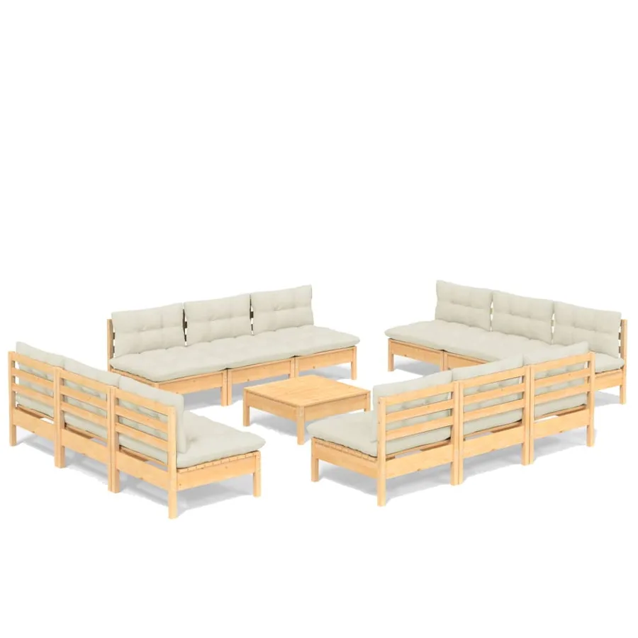 Salon de jardin 13 pcs avec coussins crème bois de pin - 2