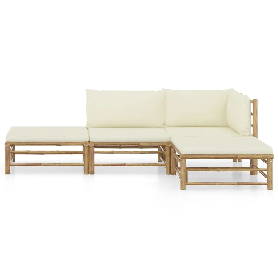 Salon de jardin 4 pcs avec coussins blanc crème bambou - 2