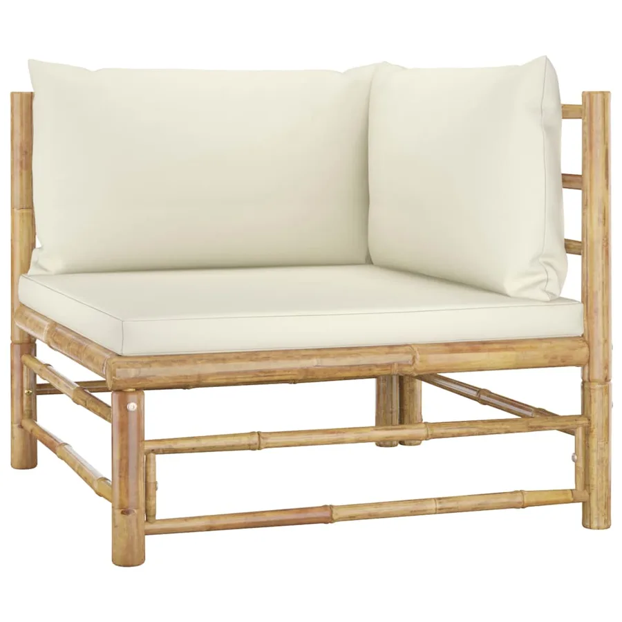 Salon de jardin 4 pcs avec coussins blanc crème bambou - 3