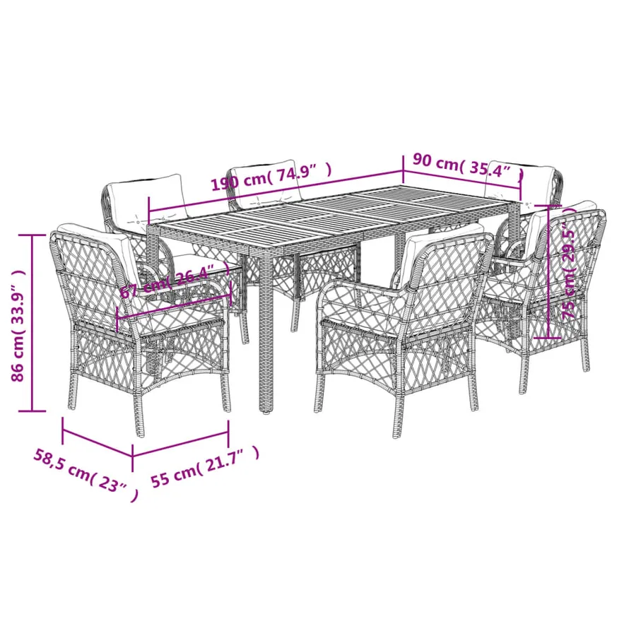 Ensemble à manger de jardin coussins 7pcs Noir Résine tressée - 7