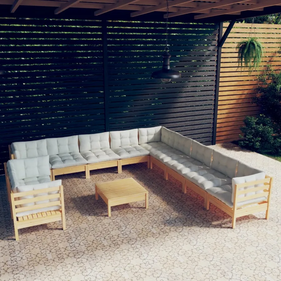 Salon de jardin 12 pcs avec coussins crème Bois de pin massif