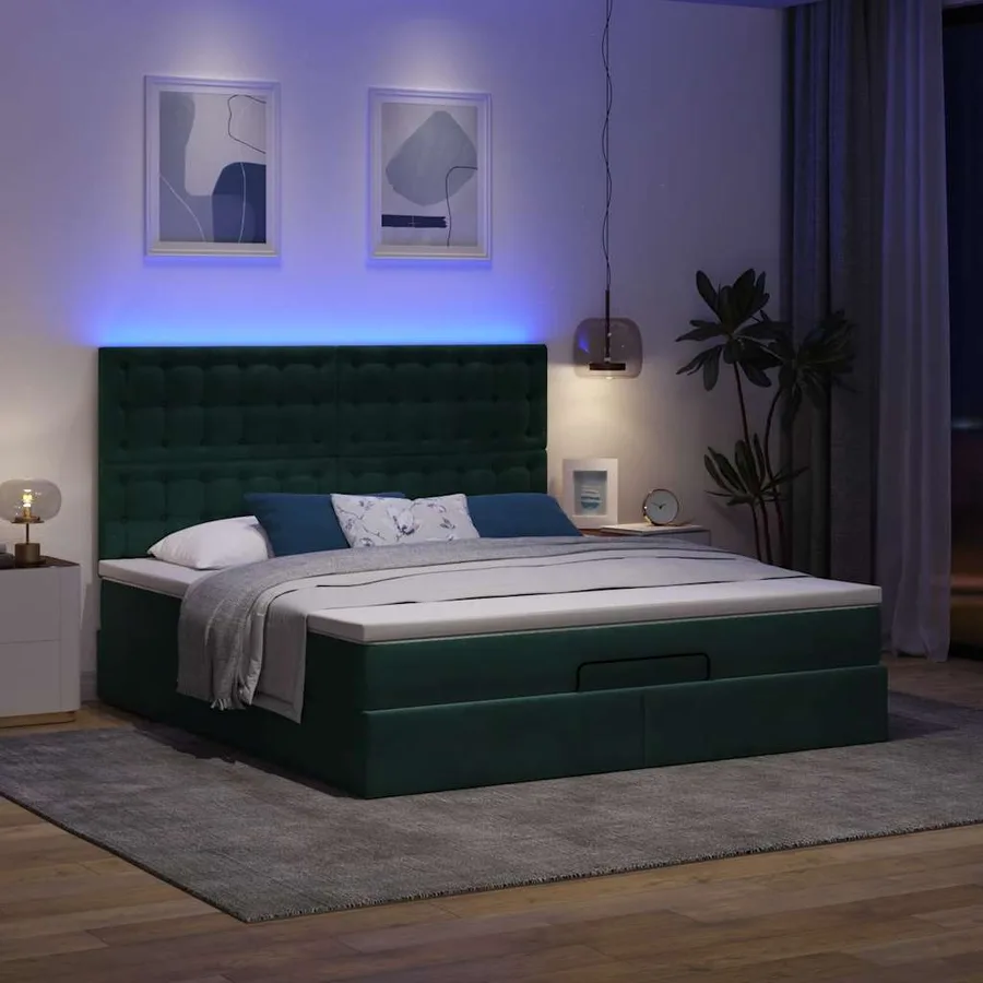 Cadre de lit ottoman avec matelas vert foncé 160x200 cm velours - 3