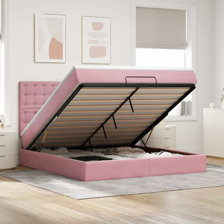 Cadre de lit ottoman avec matelas rose 160x200 cm velours