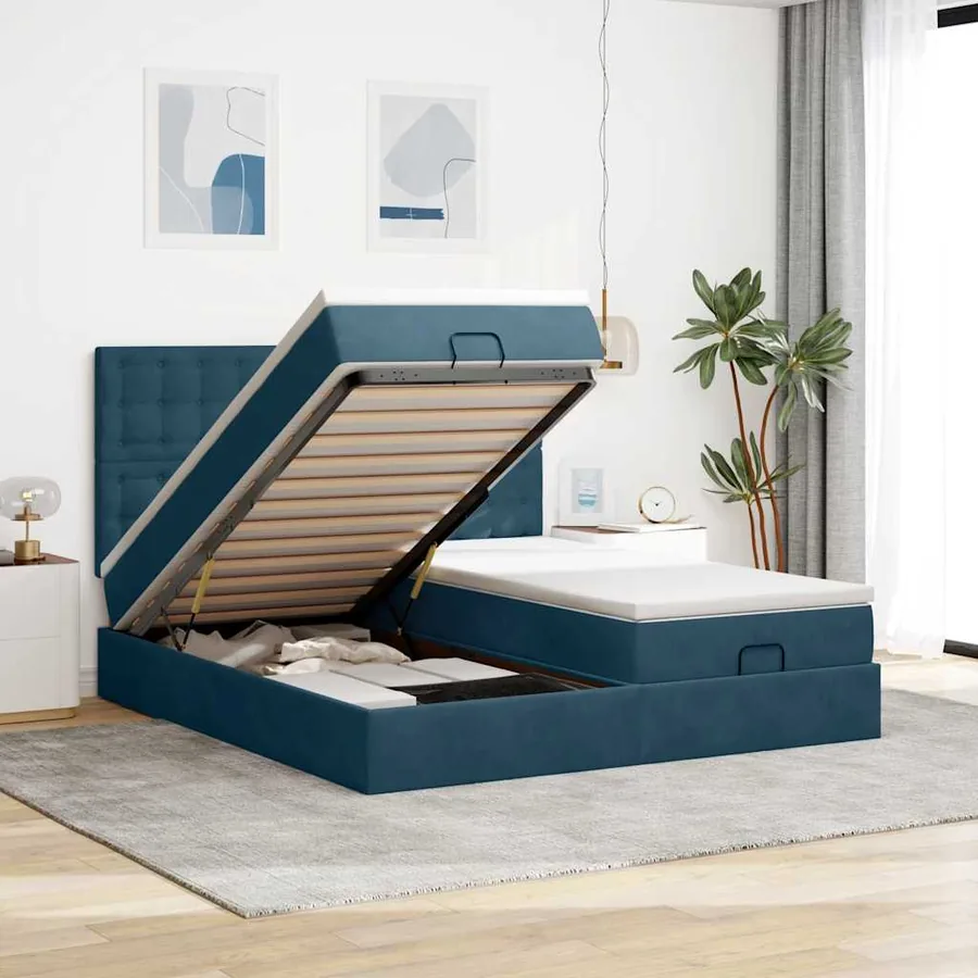 Cadre de lit ottoman avec matelas bleu foncé 160x200 cm velours