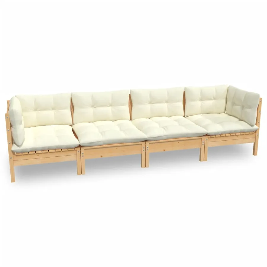Salon de jardin 4 pcs avec coussins crème Bois de pin massif - 2
