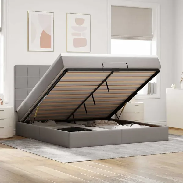Cadre de lit ottoman avec matelas taupe 160x200 cm tissu