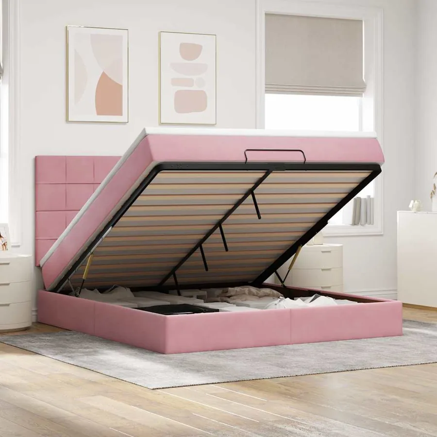 Cadre de lit ottoman avec matelas rose 180x200 cm velours