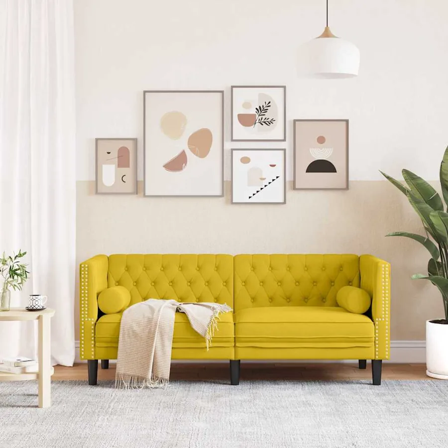 Canapé Chesterfield avec traversins 2 places jaune velours - 3