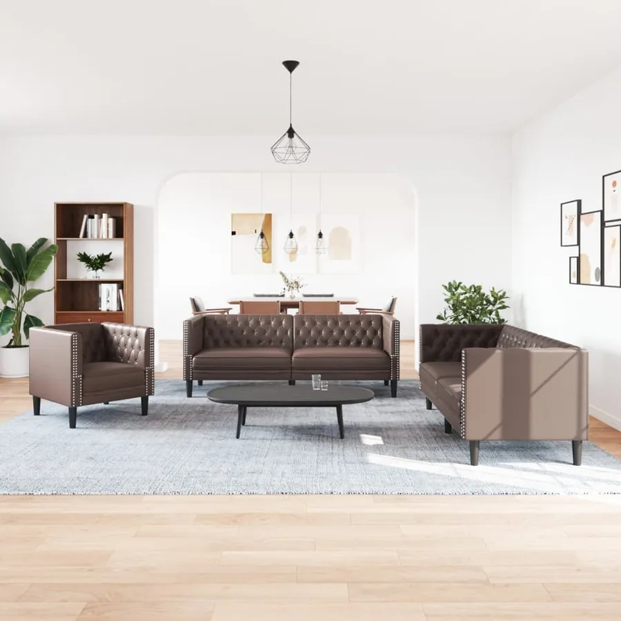 Ensemble de canapé Chesterfield 3 pcs marron similicuir - 3