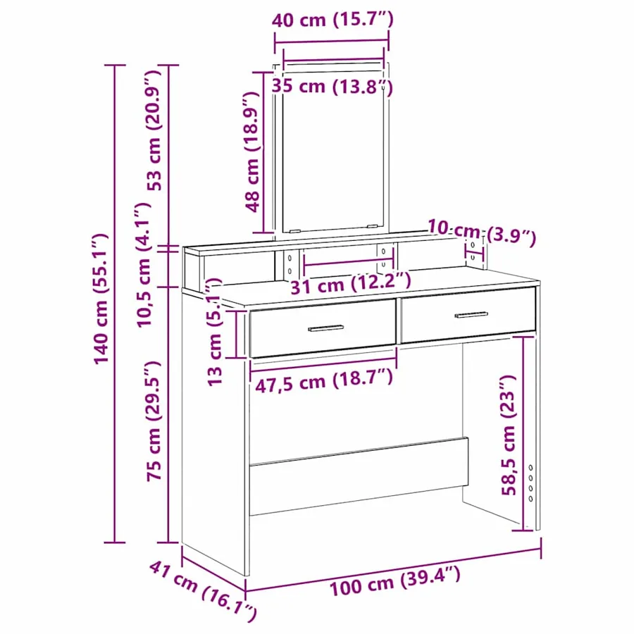 Table de Toilette Blanc 100 x 41 x 140 cm Bois d'ingénierie - 12