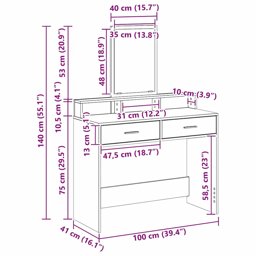 Table de Toilette avec tiroir Chêne Sonoma 100 x 41 x 140 cm - 12