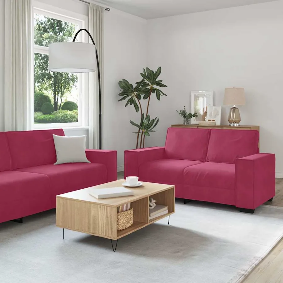 Ensemble de canapé 2 pcs avec coussins velours rouge bordeaux