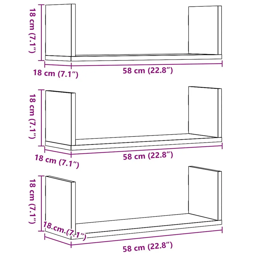 Étagères murales 3 pcs Chêne noir 58x18x18 cm Bois d'ingénierie - 11
