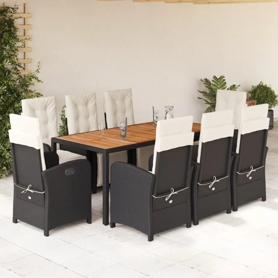 Ensemble à manger de jardin 9pcs coussins noir résine tressée
