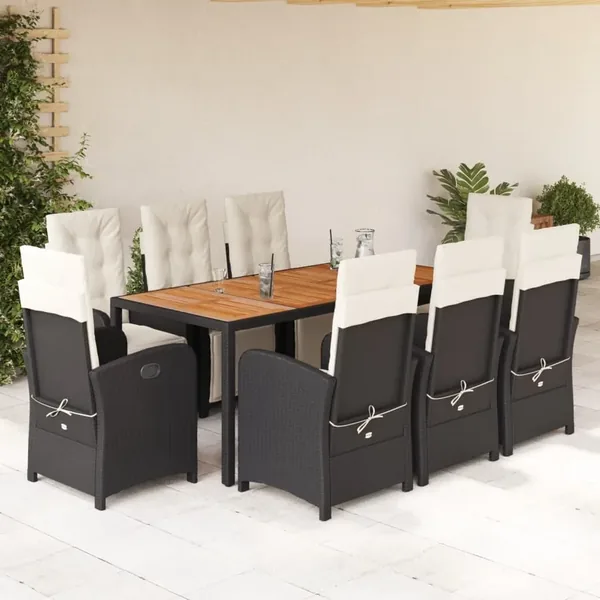 Ensemble à manger de jardin 9pcs coussins noir résine tressée