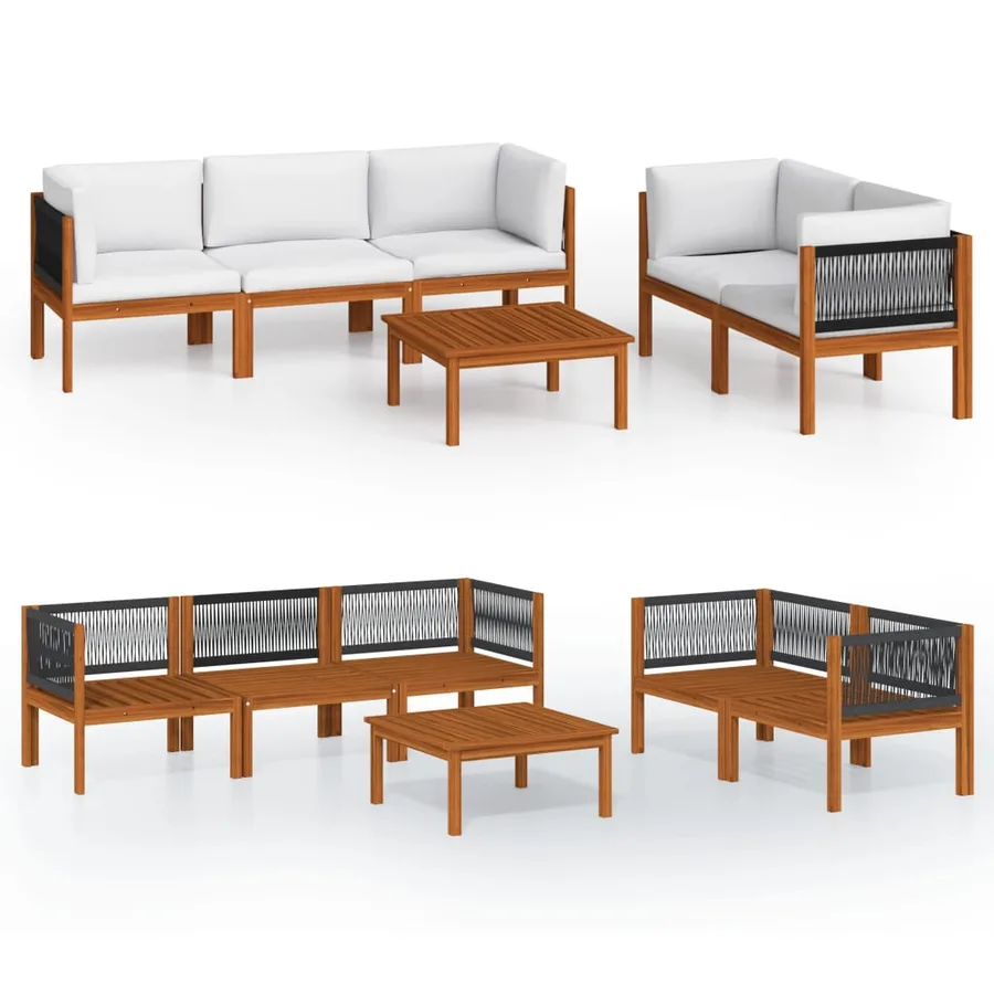 Salon de jardin 6 pièces avec coussins, bois d'acacia crème et corde - 2