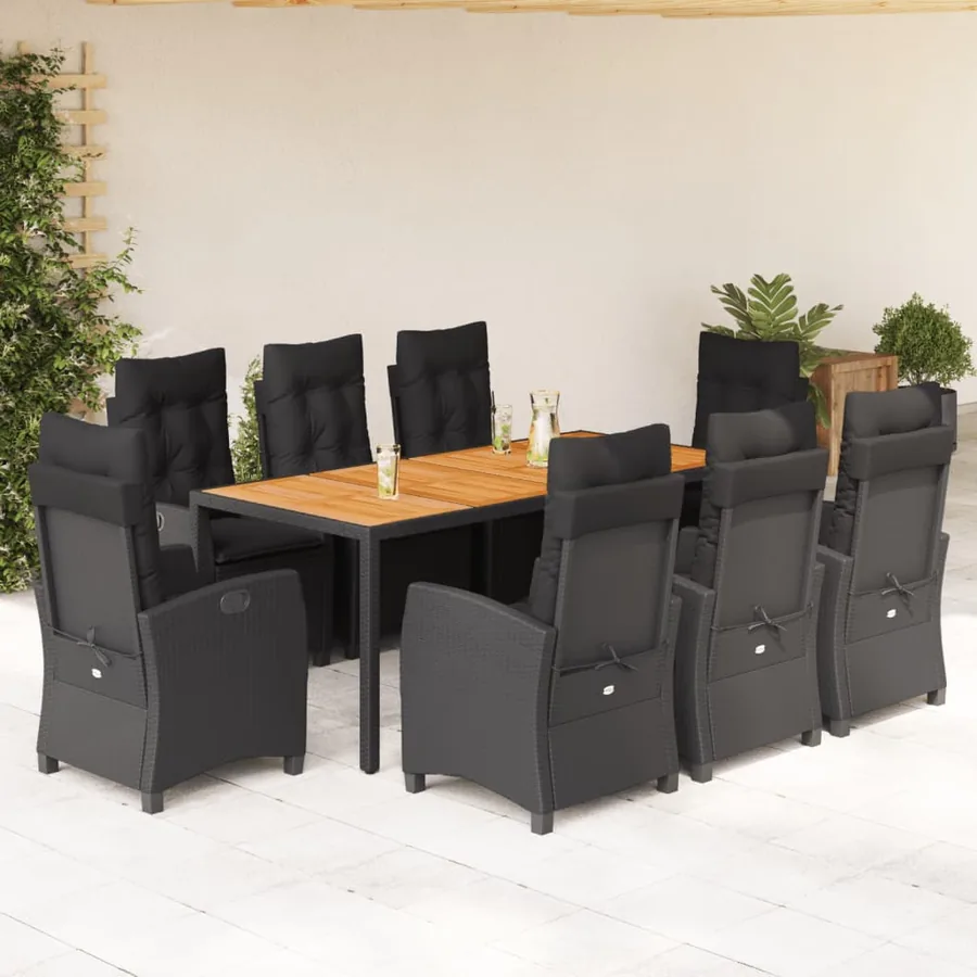 Ensemble à manger de jardin 9pcs coussins noir résine tressée