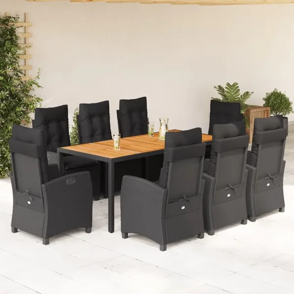 Ensemble à manger de jardin 9pcs coussins noir résine tressée