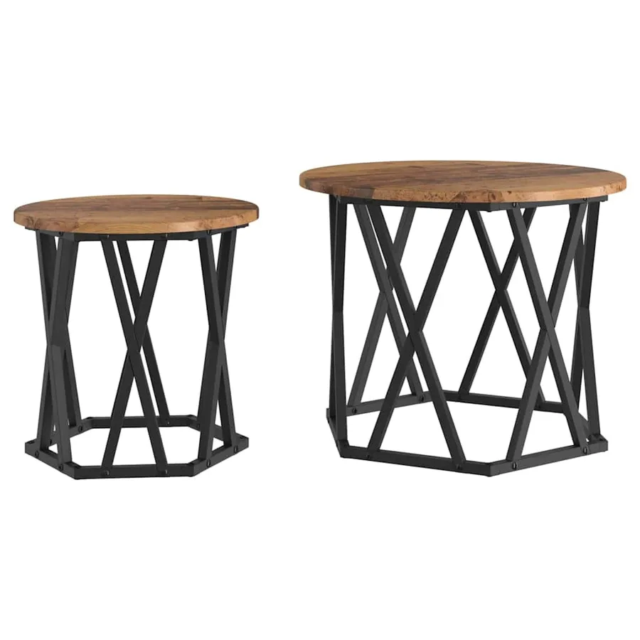 Table d'appoint 2 pcs bois recyclé Bois d'ingénierie et acier - 2