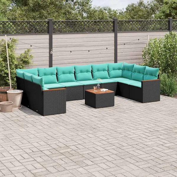 Ensemble de canapé de jardin 11 pcs avec coussins noir résine tressée
