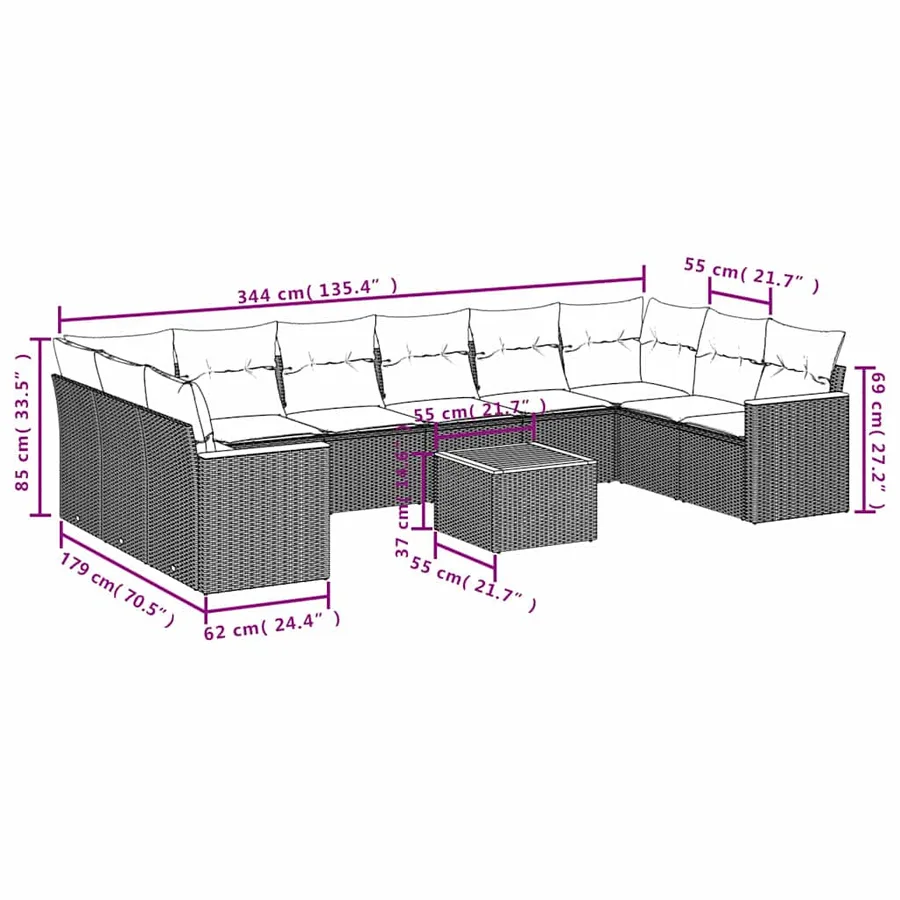 Ensemble de canapé de jardin 11 pcs avec coussins noir résine tressée - 8