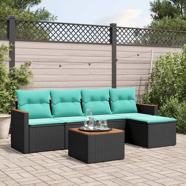 Ensemble de canapé de jardin 6 pcs avec coussins noir résine tressée