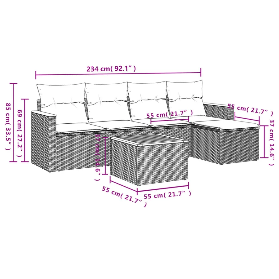 Ensemble de canapé de jardin 6 pcs avec coussins noir résine tressée - 9