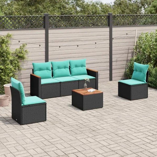 Ensemble de canapé de jardin 6 pcs avec coussins noir résine tressée