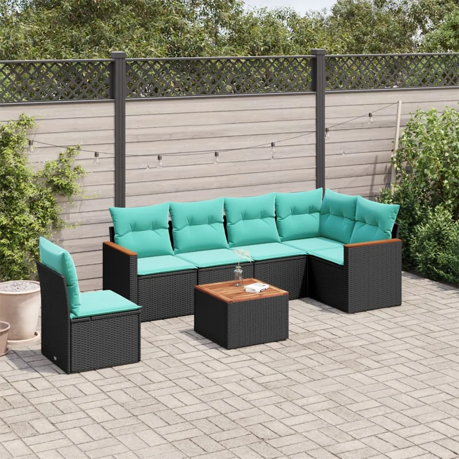 Ensemble de canapé de jardin 7 pcs avec coussins noir résine tressée