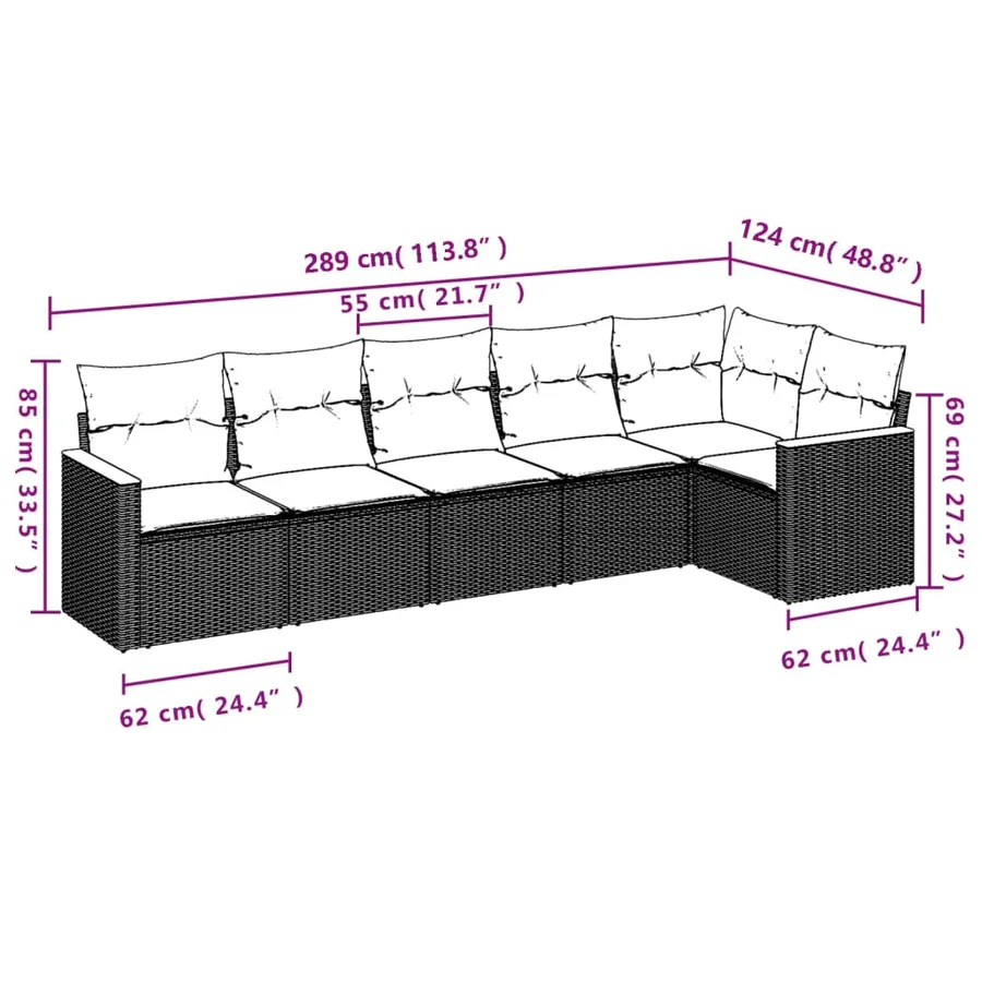 Salon de jardin 6 pcs avec coussins noir résine tressée - 7