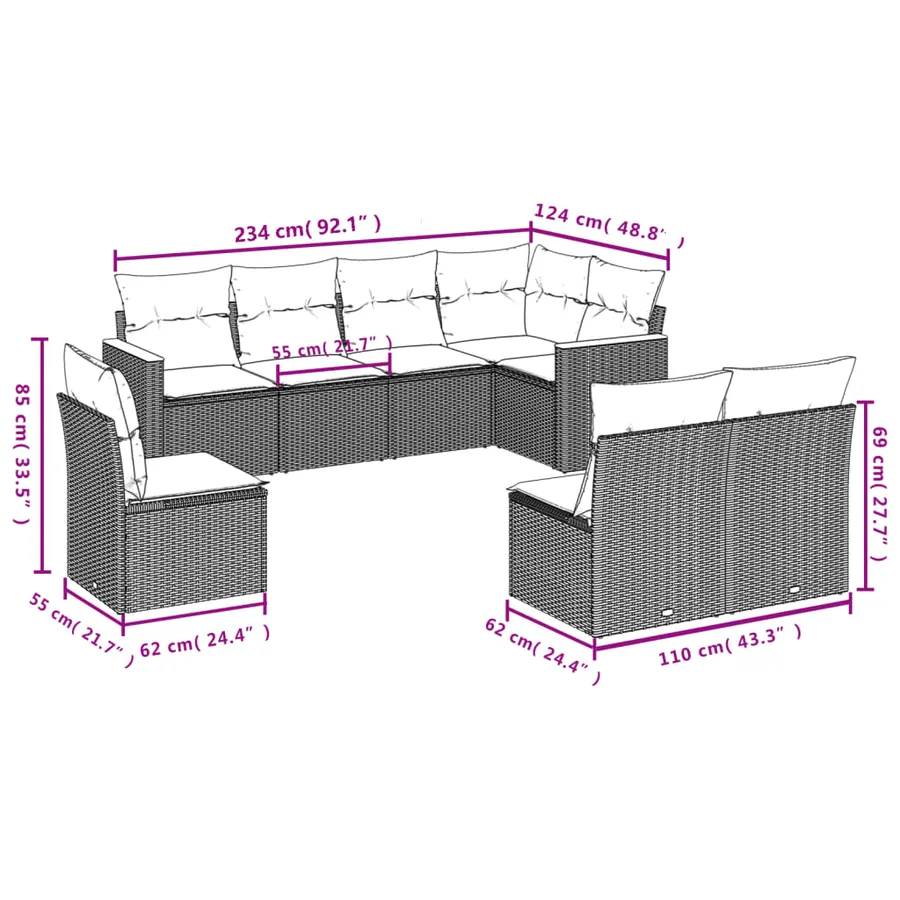 Salon de jardin 8 pcs avec coussins noir résine tressée - 7