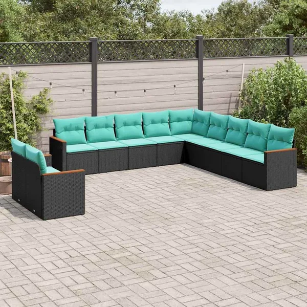 Salon de jardin 11 pcs avec coussins noir résine tressée