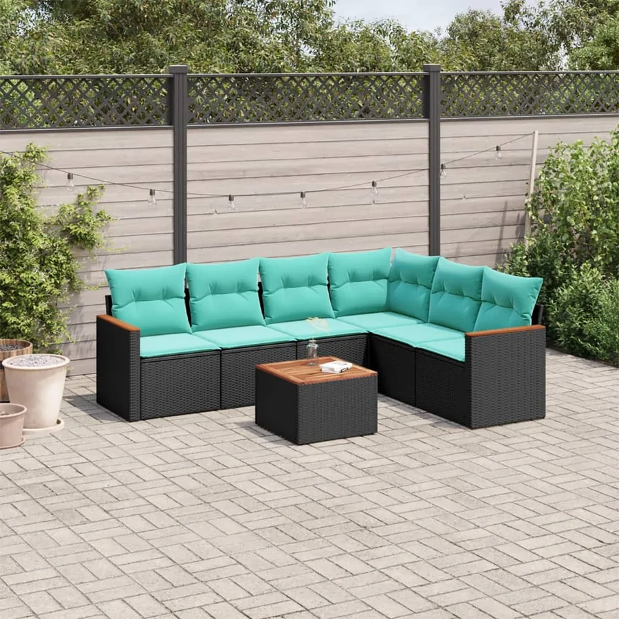 Ensemble de canapé de jardin 7 pcs avec coussins noir résine tressée