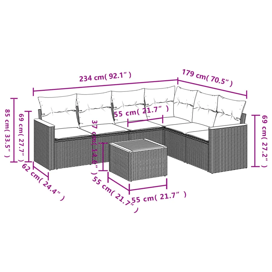 Ensemble de canapé de jardin 7 pcs avec coussins noir résine tressée - 8