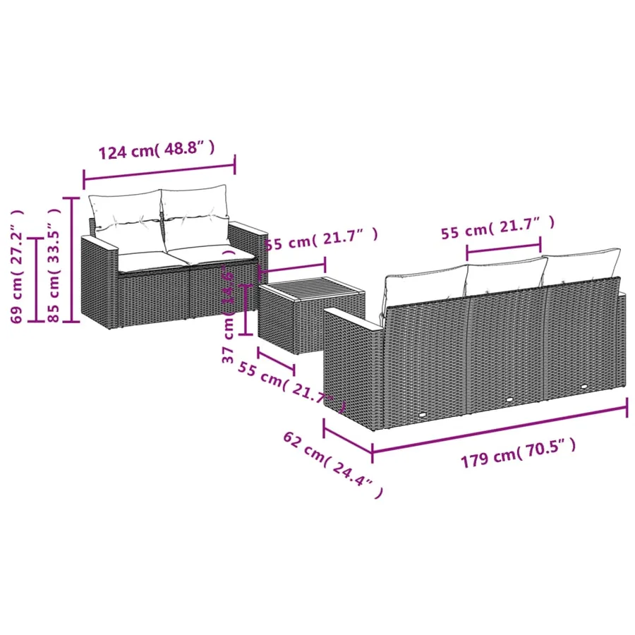 Ensemble de canapé de jardin 6 pcs avec coussins noir résine tressée - 8