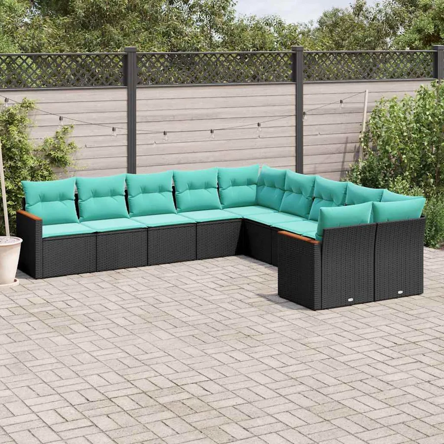 Salon de jardin 10 pcs avec coussins noir résine tressée