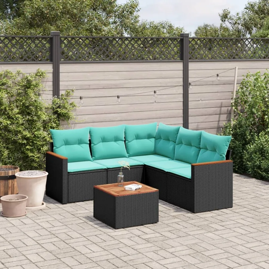Ensemble de canapé de jardin 6 pcs avec coussins noir résine tressée