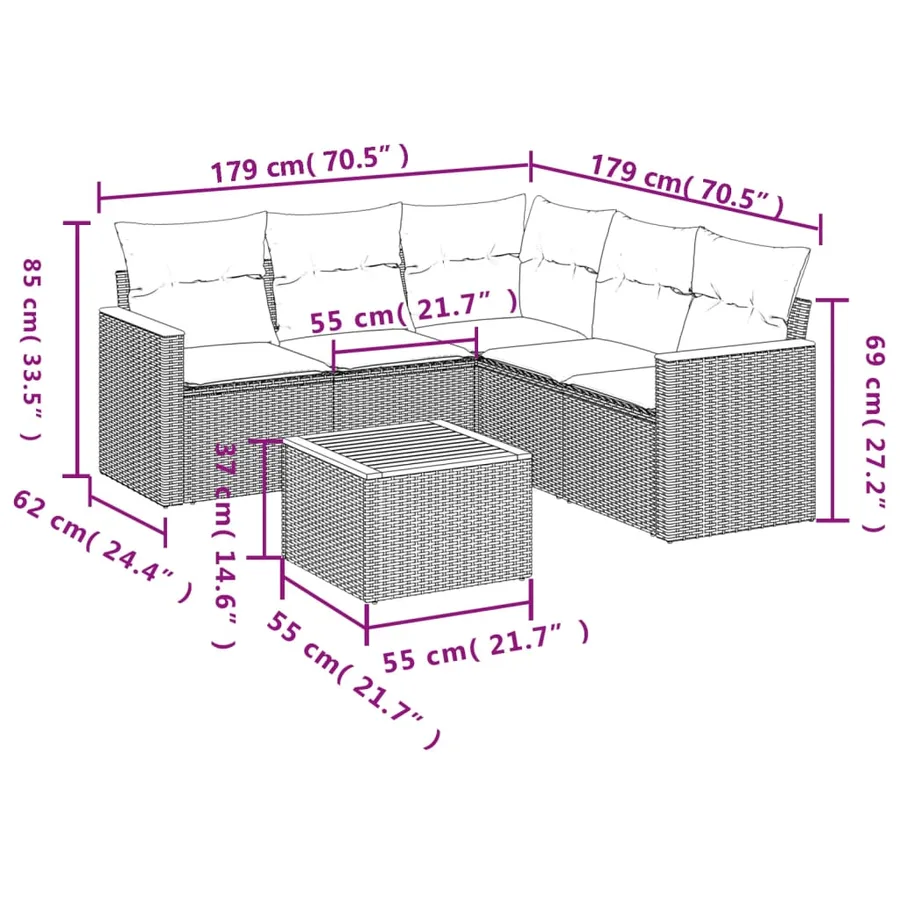 Ensemble de canapé de jardin 6 pcs avec coussins noir résine tressée - 8