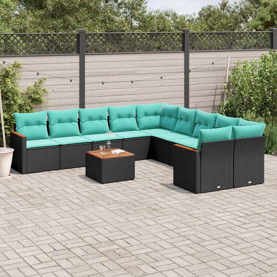 Ensemble de canapé de jardin 11 pcs avec coussins noir résine tressée