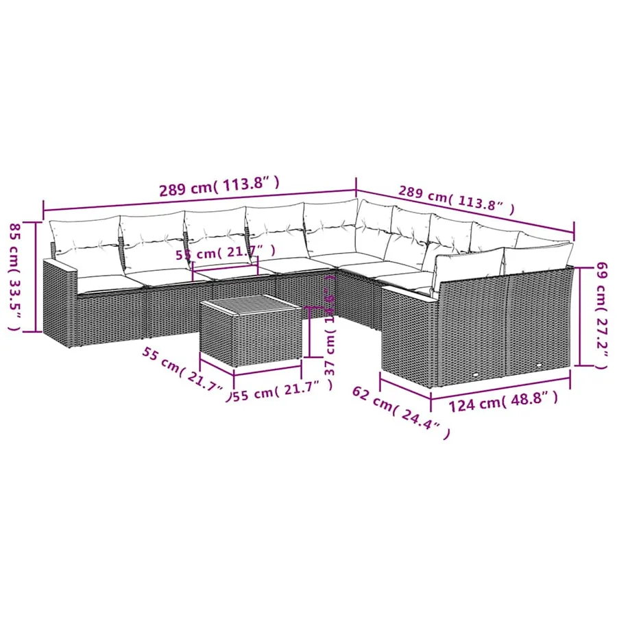 Ensemble de canapé de jardin 11 pcs avec coussins noir résine tressée - 8